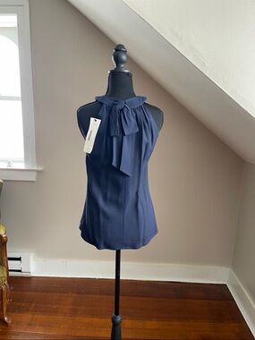 Yves Saint Laurent Navy Sleeveless Tie-Neck Blouse